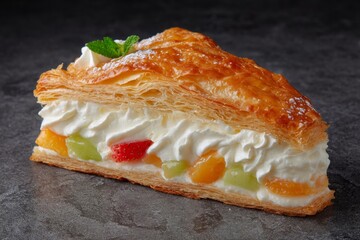 Golden flaky mille-feuille with luscious cream and vibrant fruits, perfect for Transnistrian Harvest Fest or Pi Day indulgence