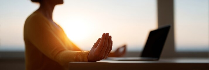 A silhouette of a serene Asian woman meditates, dawn light kissing fingertips, celebrating World Mental Health Day tranquility