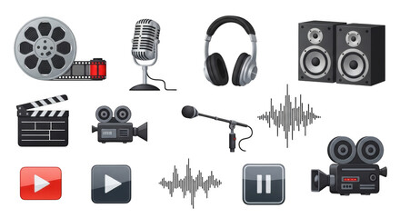 3d collection of retro and modern audio and video equipment icons