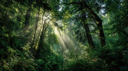 Obraz premium Sunlit Forest Canopy - A Serene Woodland Scene with Light Rays.