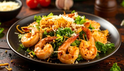 A plate of shrimp salad with a generous serving of parmesan cheese
