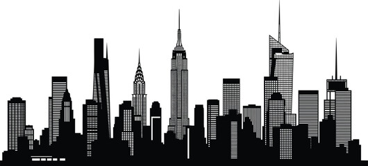 City skyline silhouette illustration featuring skyscrapers and iconic architecture for urban design, New York theme, and black-and-white vector artwork