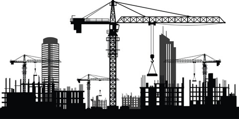 Urban construction site silhouette with tower cranes and high-rise buildings for architecture, infrastructure growth, and black-and-white vector design © Vex flow