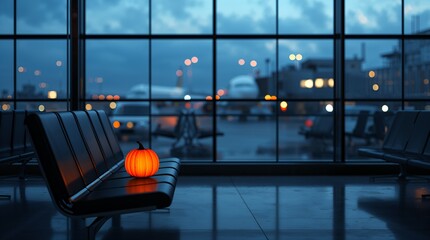 Pumpkin Lantern on Airport Lounge Seat at Night with Airplanes Outside Window and Ambient Lighting