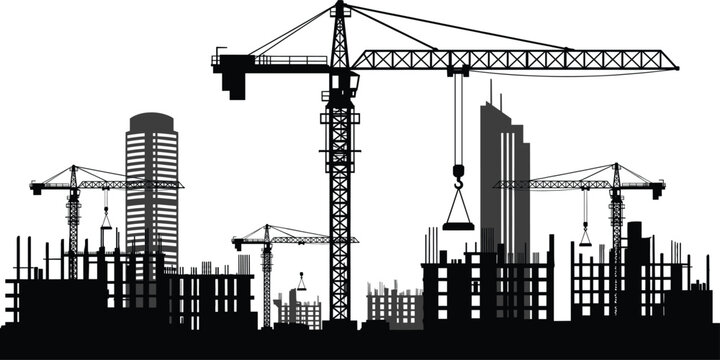 Urban construction site silhouette with tower cranes and high-rise buildings for architecture, infrastructure growth, and black-and-white vector design