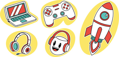 Gaming and Technology Stickers Rocket, Controller, Laptop, Headphones