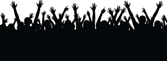 Crowd silhouette illustration with raised hands for celebration, unity, protest, concert energy, and black-and-white vector design