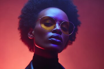A confident Black woman wearing tinted aviators basks in neon glow, evoking Afrofuturism vibes and Caribbean Carnival spirit