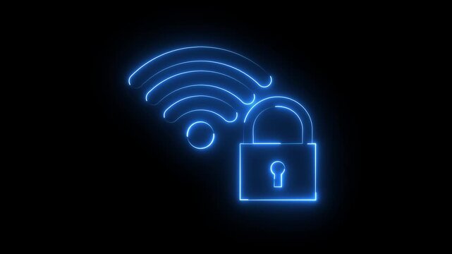 WIFI with security icon animation glowing neon blue color lock wireless internet privacy protection device info mobile phone and computer router networking sign symbol on black background