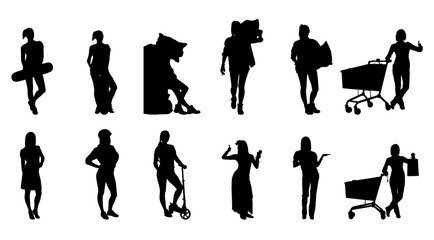Collection of black silhouettes of women in different poses and activities, including shopping, walking, and using transportation.