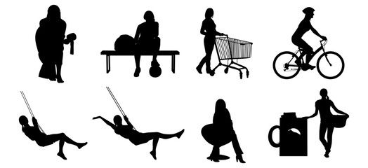 This image displays a collection of black silhouette figures of women, depicting diverse daily activities.