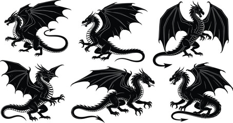 Obraz premium Dragon silhouette illustration set with winged fantasy creatures in dynamic poses for mythology, storytelling, and black-and-white vector design