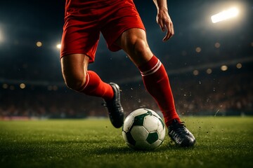 Ultra-realistic cinematic action shot of a soccer player dribbling the ball on a green grass field during a night stadium match, with dynamic motion, flying grass particles, and dramatic floodlight at