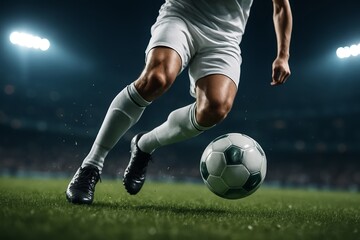 Hyper-realistic action shot of a soccer player dribbling the ball on a green field under stadium lights during a night match, focused on legs, cleats, and ball in motion.