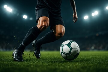 Naklejka premium Ultra-realistic cinematic close-up of a soccer player dribbling the ball on a green field during a night match under stadium lights, showcasing speed, motion, and athletic intensity.