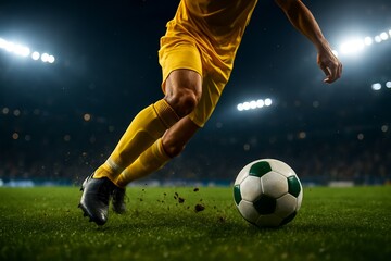 Naklejka premium Ultra-realistic cinematic action shot of a soccer player dribbling the ball on a green field during a night match under bright stadium lights, captured with dynamic motion and dramatic detail.