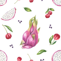 Dragon fruit and wild berries watercolor seamless pattern on isolated background. Pink pitahaya with white pulp and red acerola ornate. Tropical illustration for textile, natural wellness design