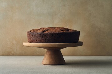 Simple rustic cake on a wooden pedestal, capturing the essence of hygge warmth, perfect for Kuchen Sunday gatherings