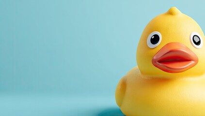 A cheerful yellow rubber duck features prominently against a serene light teal backdrop.