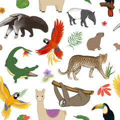 Obraz premium Seamless Pattern with South American Animals, Cute Cartoon Jungle Wildlife Repeating Background for Kids with Llama, Sloth and Leopard.