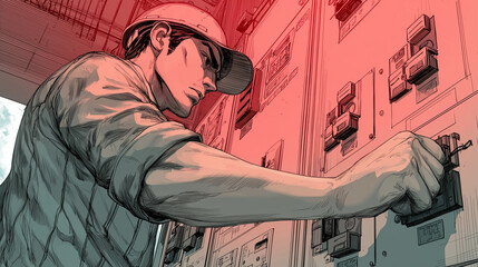 Male electrician in work outfit operating breaker lever on panel  