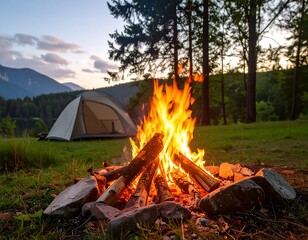Campfire at dusk beside a lake