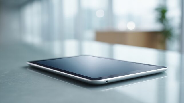 Sleek tablet resting serenely on a reflective desk, embodying mindful tech zen, ideal for World Backup Day innovation
