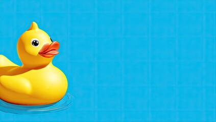 A cheerful yellow rubber duck floats on a vibrant light blue surface.