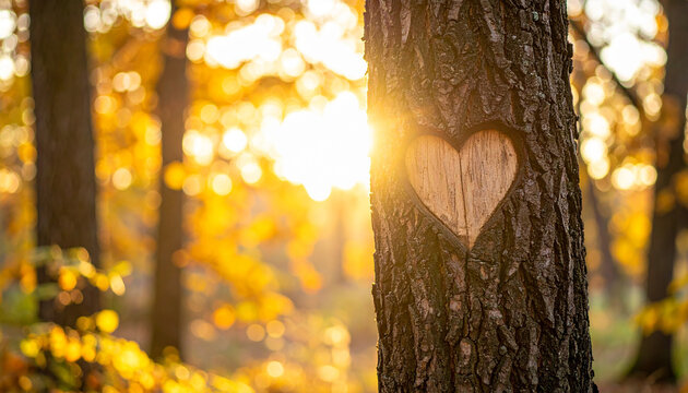 Heart shape carved into rough oak tree bark. Autumn forest with golden leaves. Romantic. - Powered by Adobe