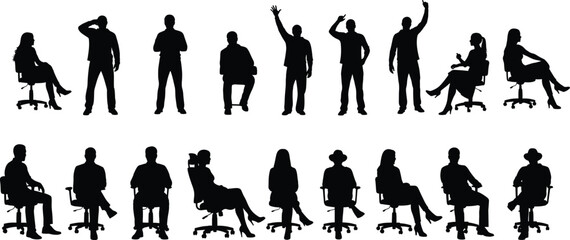 Human silhouette illustration set with expressive standing and seated poses for body language, office scenes, and black-and-white vector design