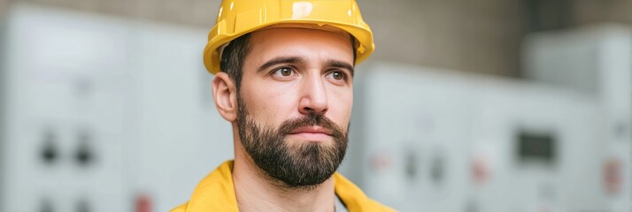Focused engineer in yellow hard hat, pondering future of renewable energy, International Workers' Day, labor pride