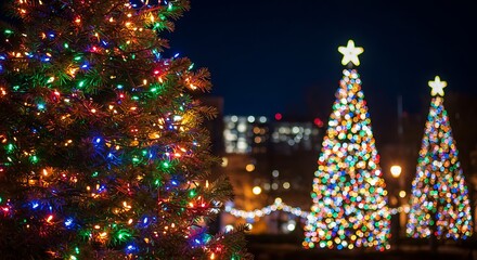 Christmas Trees with Lights at Night.