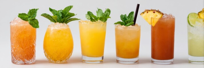 Colorful tropical mocktails shimmer with ice and mint, perfect for midsummer revelry or a quirky Arthurian festivity