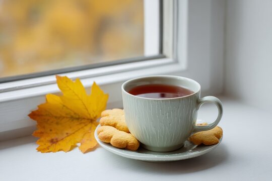 Cozy autumnal embrace of steaming herbal elixir and whimsical leaf, perfect for Hygge moments or National Homemade Cookie Day