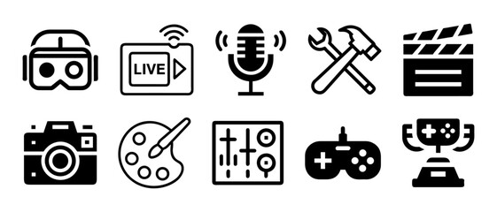 Collection of creative and entertainment icons in black silhouette style isolated on white background