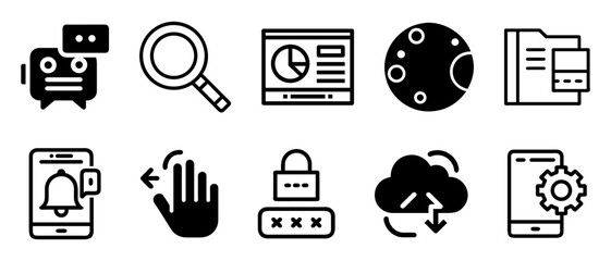 Collection of black silhouette icons representing technology and digital services isolated on white background
