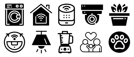 Collection of smart home technology icons including a washing machine house speaker security camera plant robot vacuum lamp blender family and paw print silhouette isolated on white background