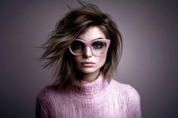 Young caucasian female with stylish hair and large glasses wearing pink sweater