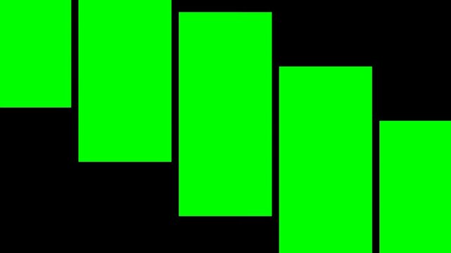 Stepped rectangular greenscreen blocks forming cascade motion, suitable for dynamic stacking animations or creative reveals