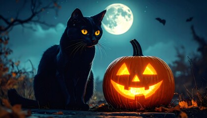 Black cat sitting next to a jack-o'-lantern under the full moon on halloween night