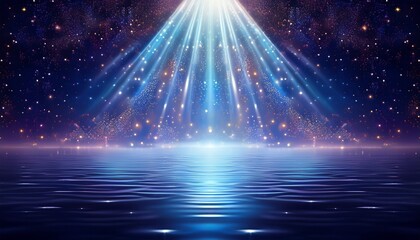 stage lights illuminate water surface under starry sky dramatic scene abstract background