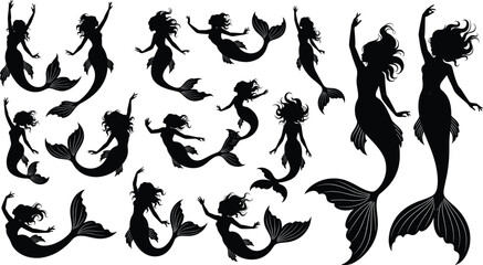 Mermaid silhouette illustration set with flowing hair and dynamic poses for fantasy, mythology, storytelling, and decorative vector design