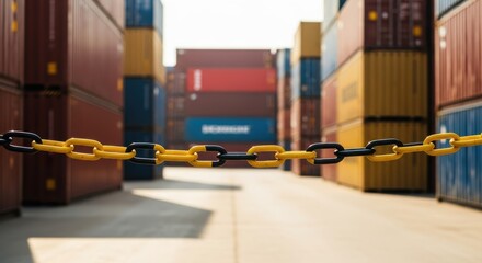 Shipping containers line a yard, secured by a safety chain in the foreground, conveying themes of logistics and global trade.