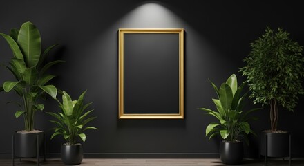 Elegant wall art framed by lush greenery against a dark backdrop, illuminated by a soft spotlight showcasing gallery style and home decor.