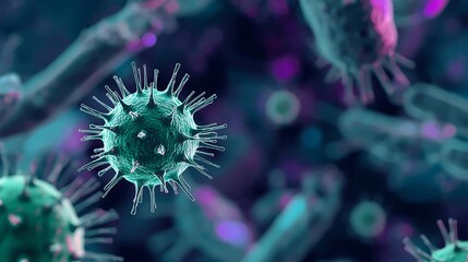 Microscopic view of vibrant green virus cells with spiky surface in dark blue scientific background