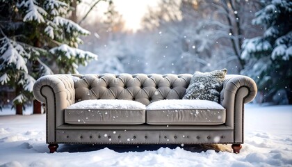 A plush, tufted sofa sits outdoors in a snowy winter landscape, draped in a blanket of snow with a single pillow, set amongst snow-covered trees.