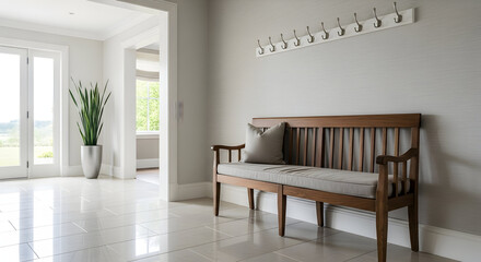 Serene modern entryway with natural light, wooden bench, and elegant plant creating a welcoming and tranquil atmosphere for home decor inspiration and interior design concepts.