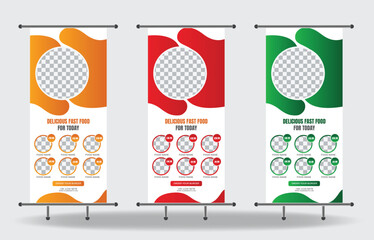 print-ready fast-food restaurant roll-up banner template,e Food rollup banner restaurant templat,e roll banner banners, template, food, restaurant, sandwich, fries, burger, business, cheese, chicken, 