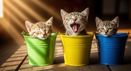 Three adorable tabby kittens in colorful pails: One sleeps, one yawns wide, and the third looks alert. A warm, cute, and heartwarming portrait.