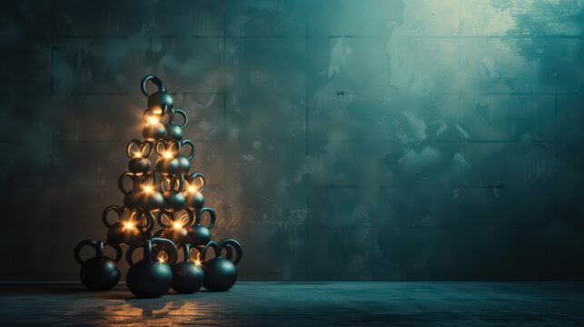 Festive fitness kettlebell Christmas tree display with twinkling lights for holiday decor. Horizontal banner. Copy space. Happy New Year. Fitness, sports, healthy lifestyle concept - Powered by Adobe
